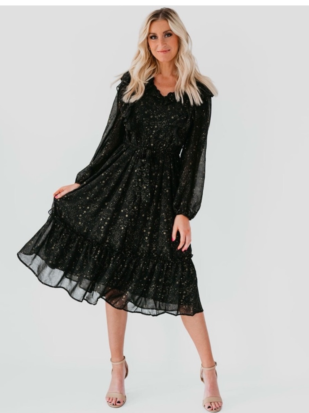 Moon River x Anthropologie Black Gold Star Shirred Chiffon Ruffle Dress NWT M
